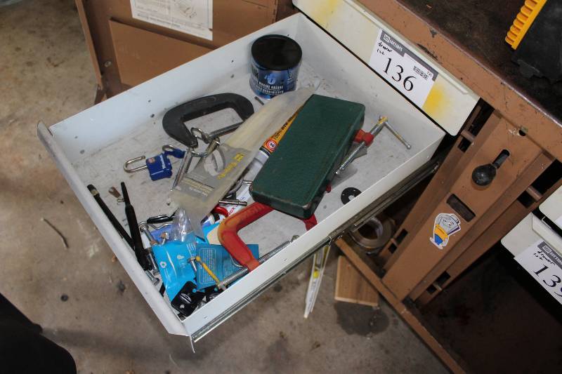 lot 137 image: Drawer Lot Including Clamps Drill Bit Set wMetal Case Padlock And More.