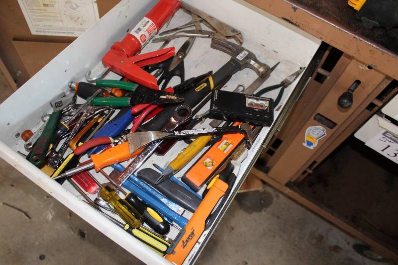 lot 136 image: Drawer Lot Including Hammer Grease Gun Clamp Adjustable Wrench And More.