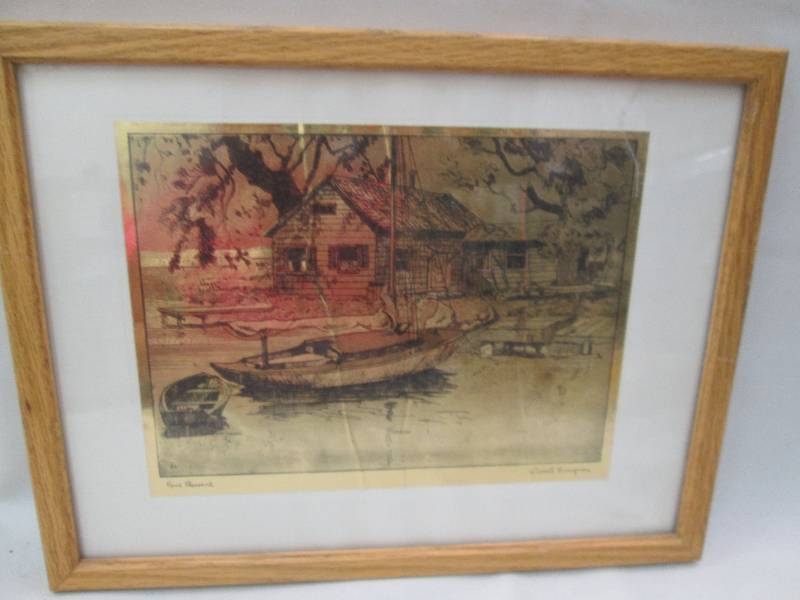 House and boat print on gold paper...