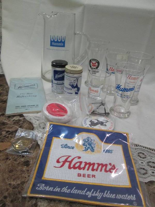 Hamms pitcher, glasses, salt and p...