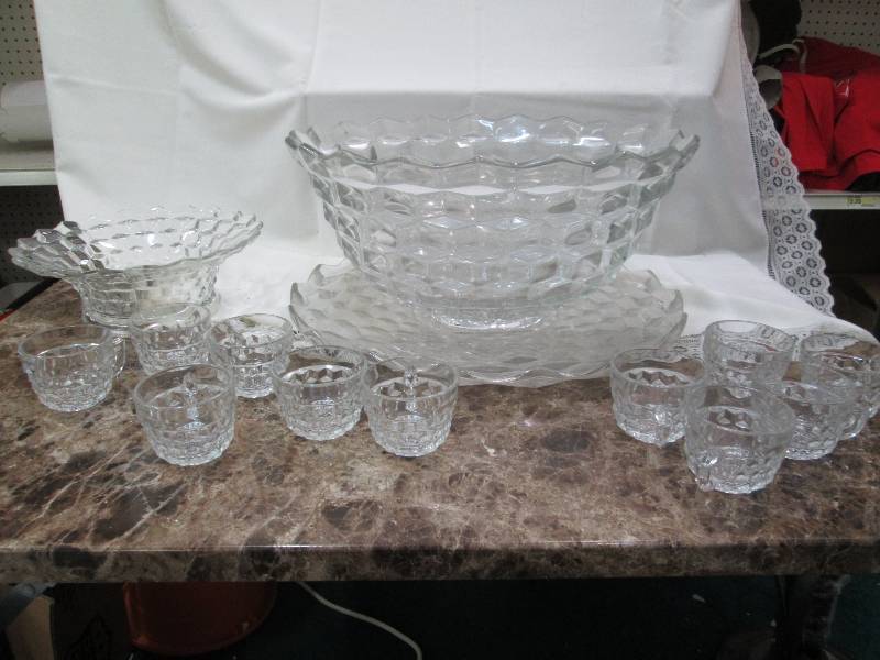 Punch bowl, punch cups, and bowl...