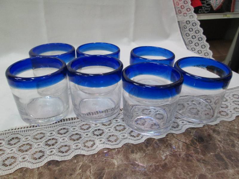 Qty 7 glass with blue trim...
