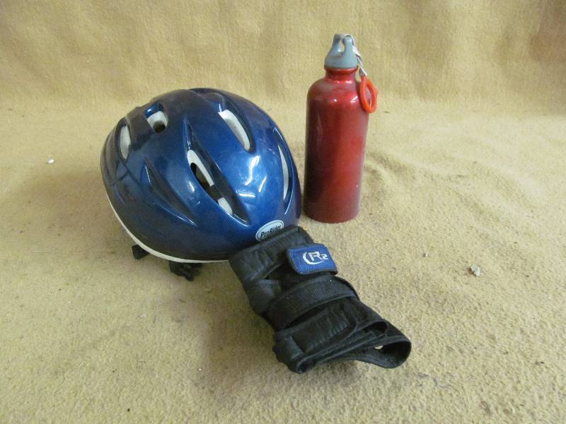 helmet, pads, bottle