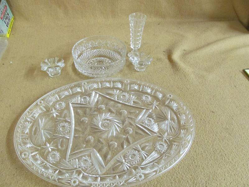 bowl, candle holders, vase, platter tray
