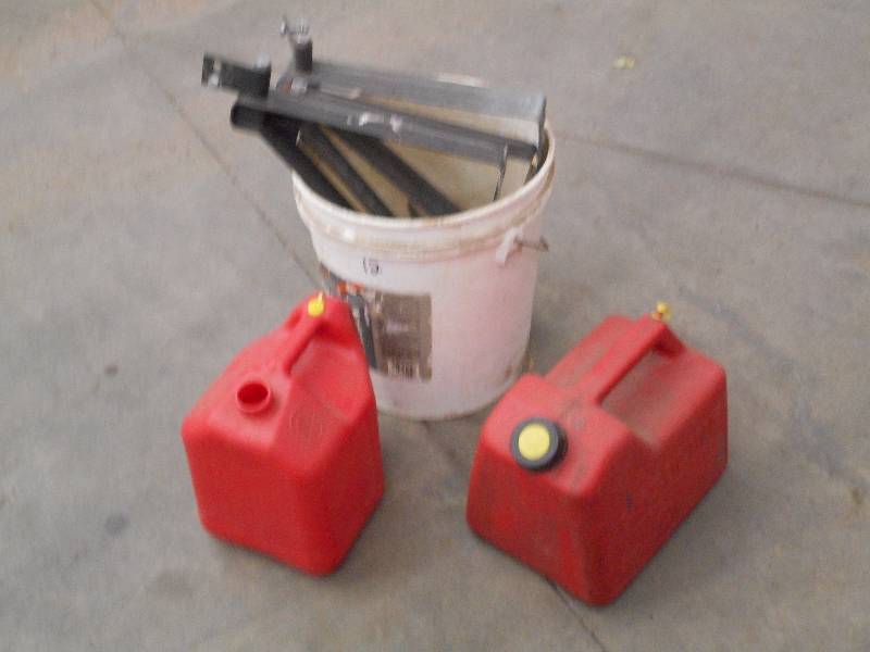 lot 12 image: (2) Gas Cans & (1) Bucket Of Bracke...