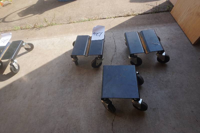 lot 125 image: Set of 3 - 4 Wheel Snow Mobile Moving Dollys