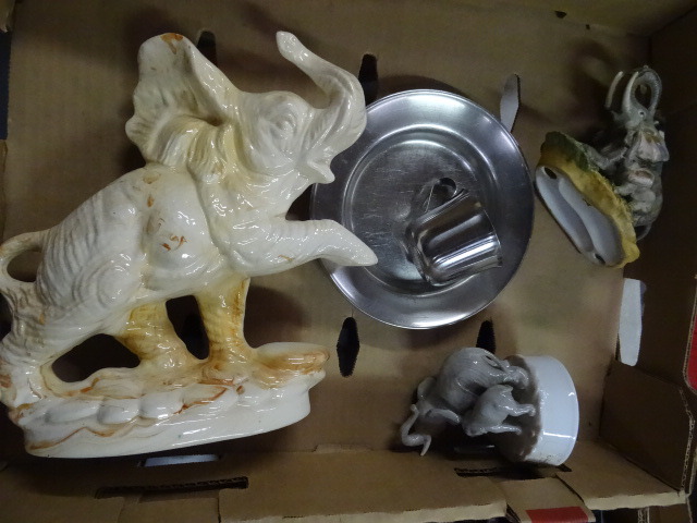 Elephant Figurines, Metal Cup & Plate