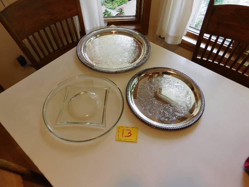 2 Silver-plate serving trays trays and one glass serving tray