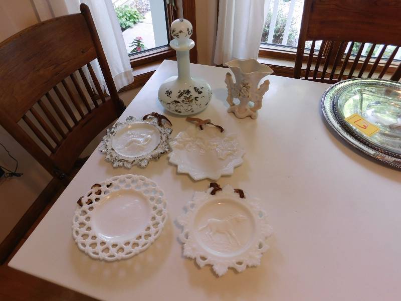 milk glass items plates and bottles