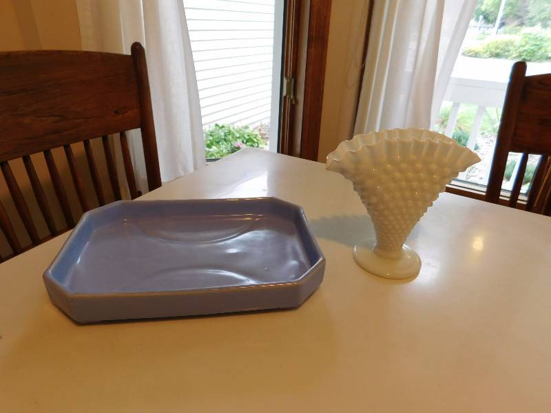 vintage white hobnail fan vase and blue ceramic tray