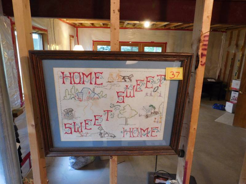 framed vintage home sweet home cross stitch piece