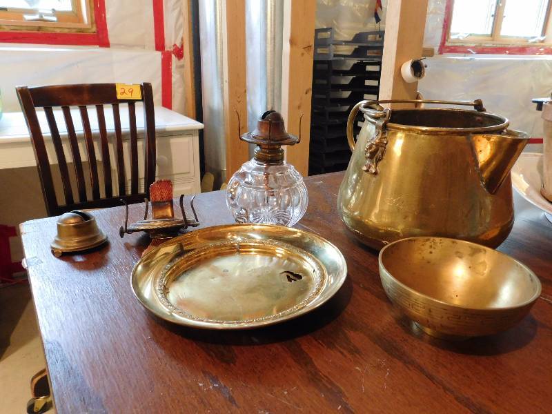 brass metal items and oil lamp with parts
