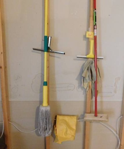 utility items broom mop two window squeegees and 3 chamois cloths