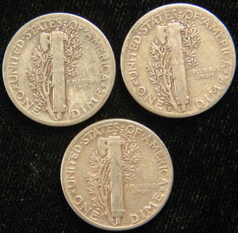 GROUP OF 3 SILVER MERCURY DIMES F-VF