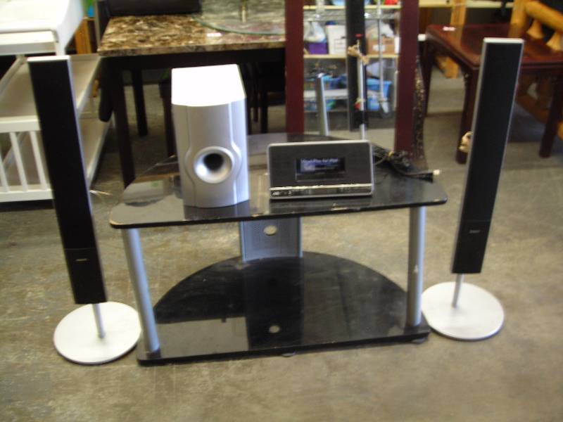lot 21 image: TV Stand, Sony Speakers, More