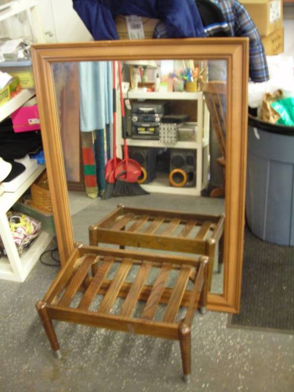 lot 22 image: Framed Mirror 33x46, Wood Foot Stool