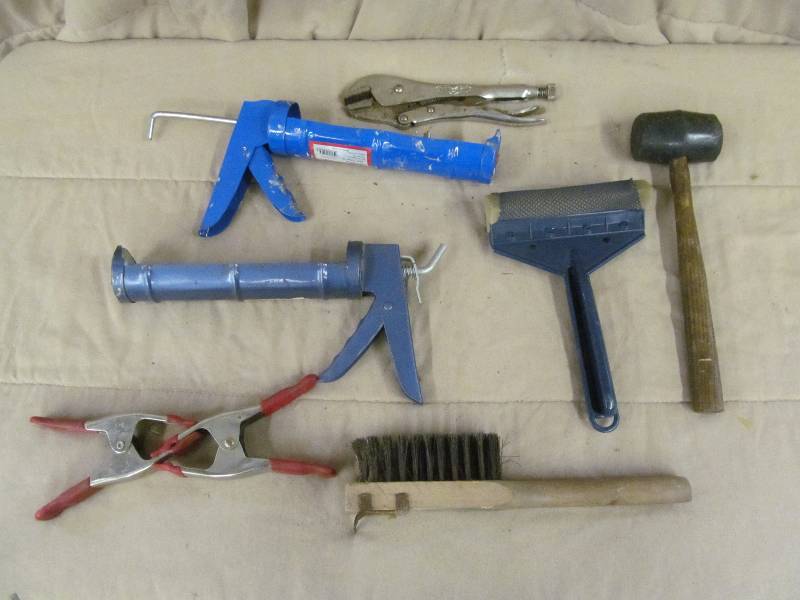 squeegee, brush, clamps