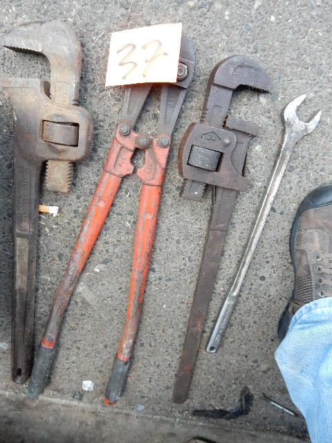 lot 37 image: 2, 24in pipe wrenches.. Bolt Cutter, CRAFTSMAN  handle 1 18 in custom made wrench.