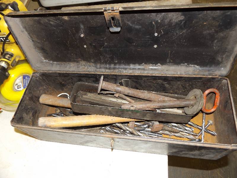 lot 294 image: Metal Tool Box with drill bits and small hammer