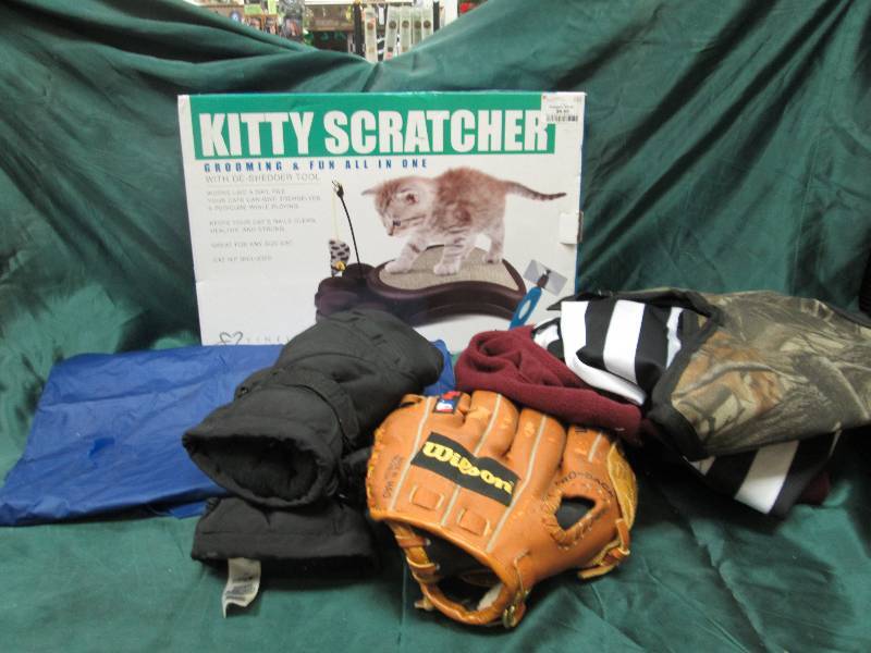rain jacket, kitty scratcher, glove...