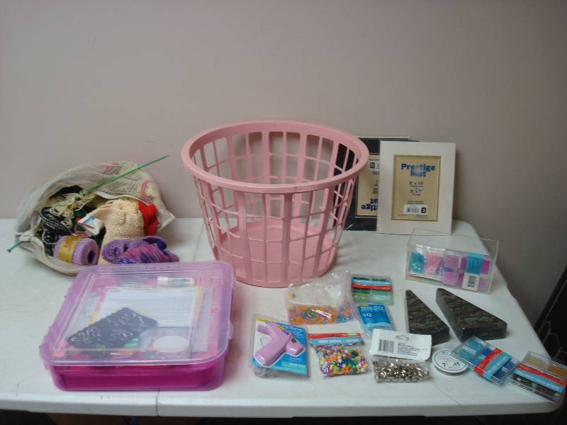 Pink Basket With Some Crafting Items, Beads