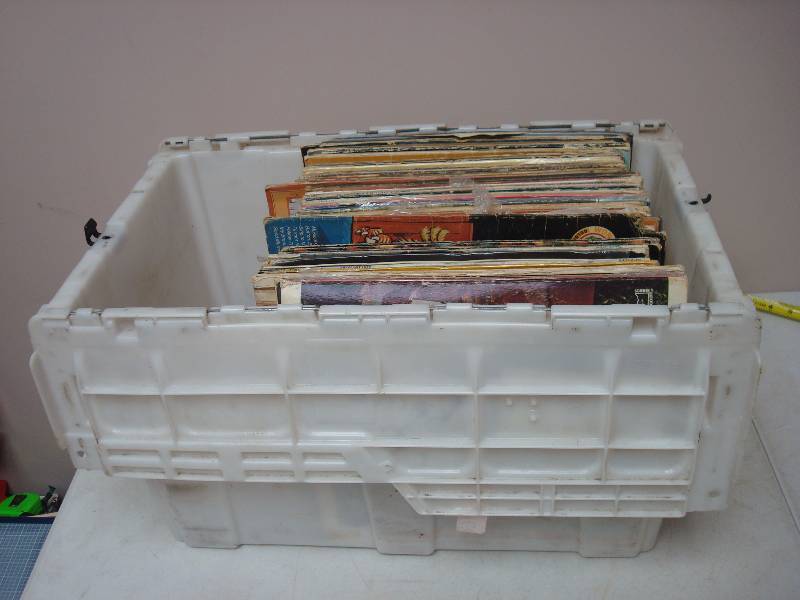 Plastic Bin With Vinyl LP Records, Got Slighty Wet Some Wear To Sleeves