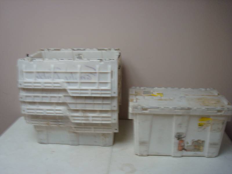 Lot Of Five Plastic Used Tubs With Folding Covers