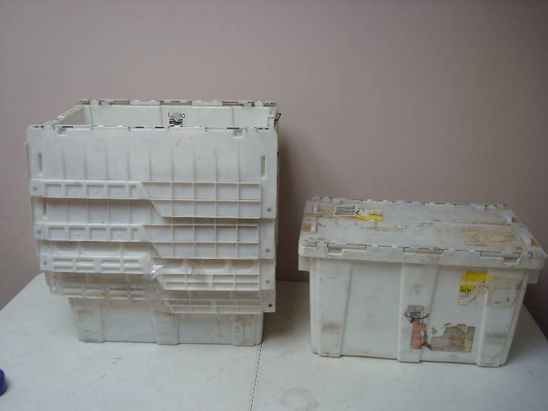 Lot Of Five Plastic Used Tubs With Folding Covers