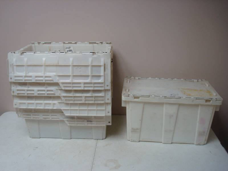 Lot Of Five Plastic Used Tubs With Folding Covers