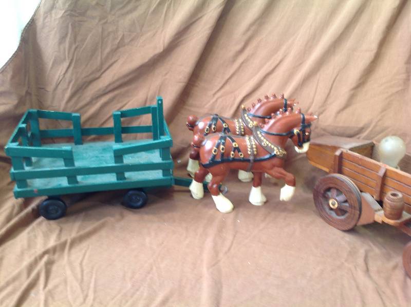 Handmade Hay Wagon, Bottom of Covered Wagon Lamp (no cord), Ceramic hand painted draft horses.