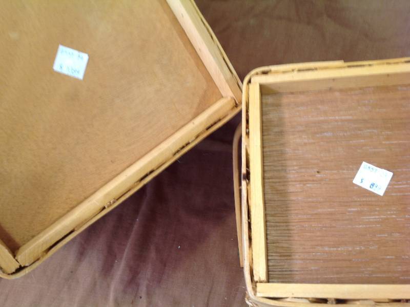 Qty of 2 Handmade Woven Wood Baskets with Leather Handles