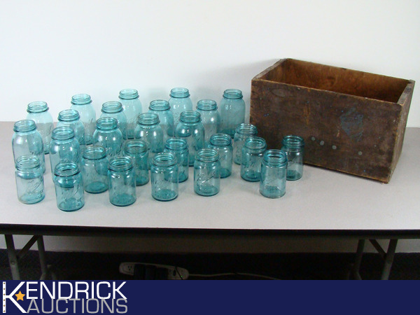 lot 3 image: Large Lot of 27 Vintage Ball Blue Mason Jars in Wood Crate