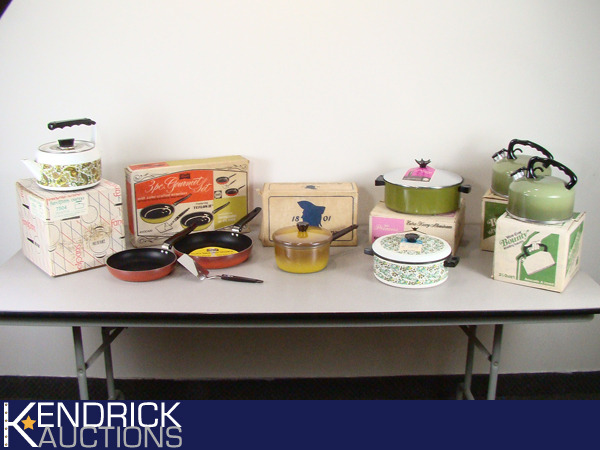 lot 48 image: Large Lot of Vintage New Old Stock Cooking Pans and Tea Pots