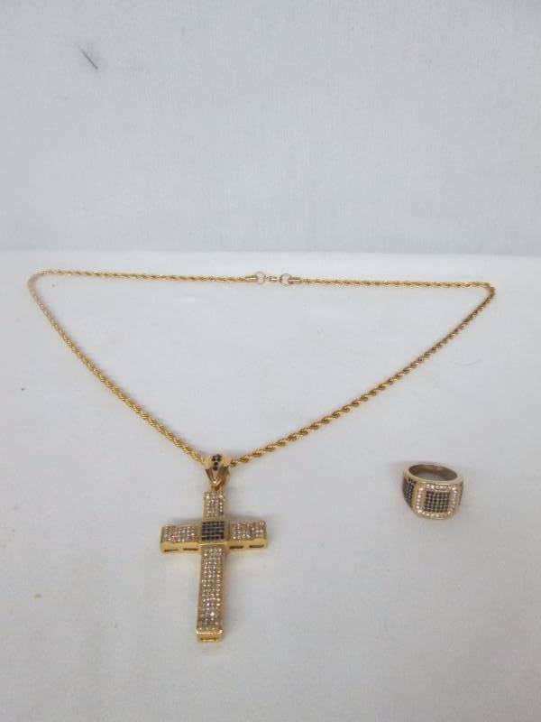 lot 82 image: Stainless Steel Mens Goldtone Cross & Ring Set