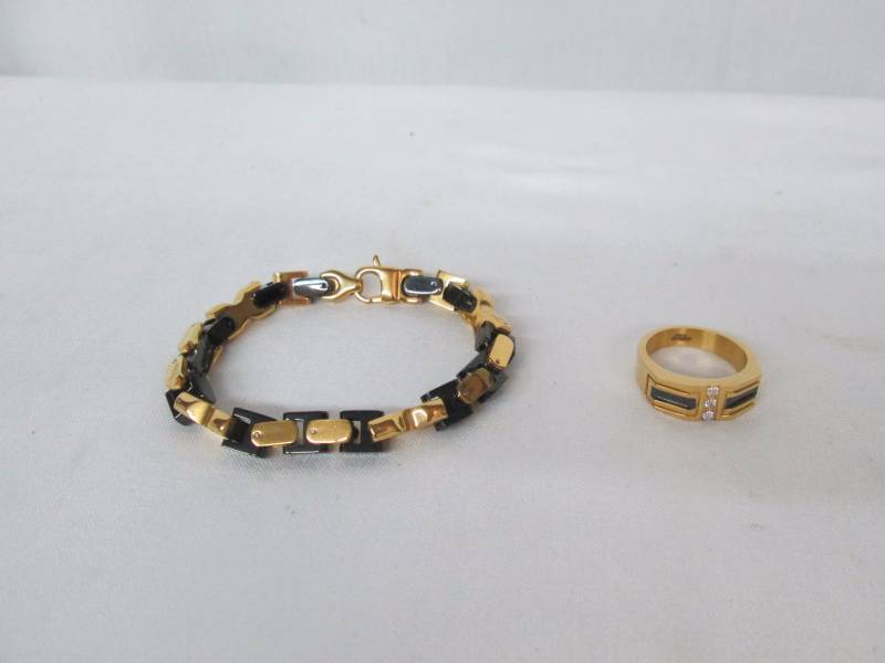 lot 84 image: Mens Black & Goldtone Bracelet & Ring Set
