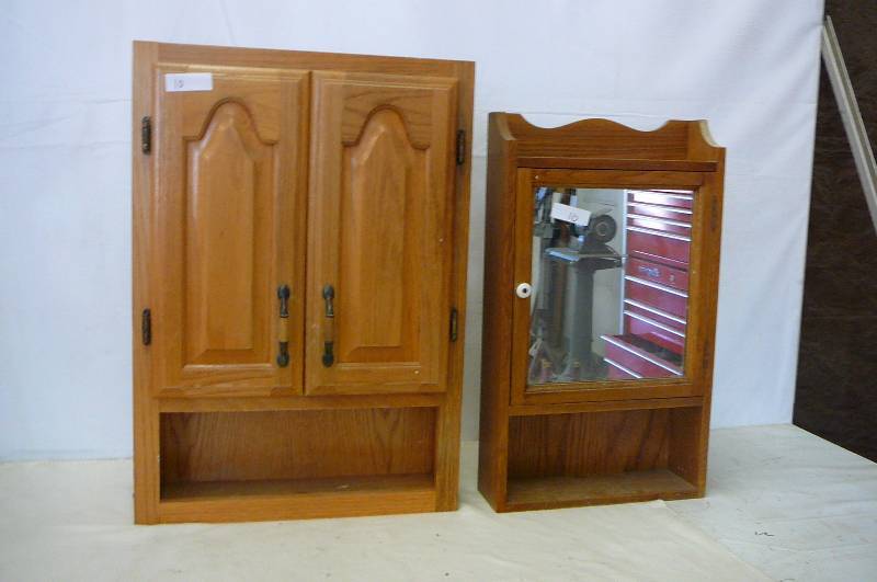 lot 10 image: Wooden Wall Cabnet 1-with mirror 16 wide X 24 high X 5 Deep 1-21 wide X 30 High X 5 Deep