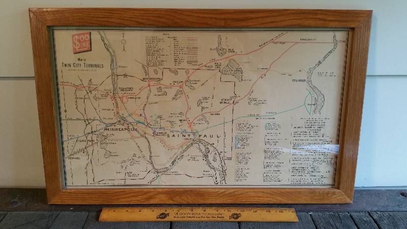 lot 58 image: Vintage Soo Line Map of Twin Cities Terminals, Framed