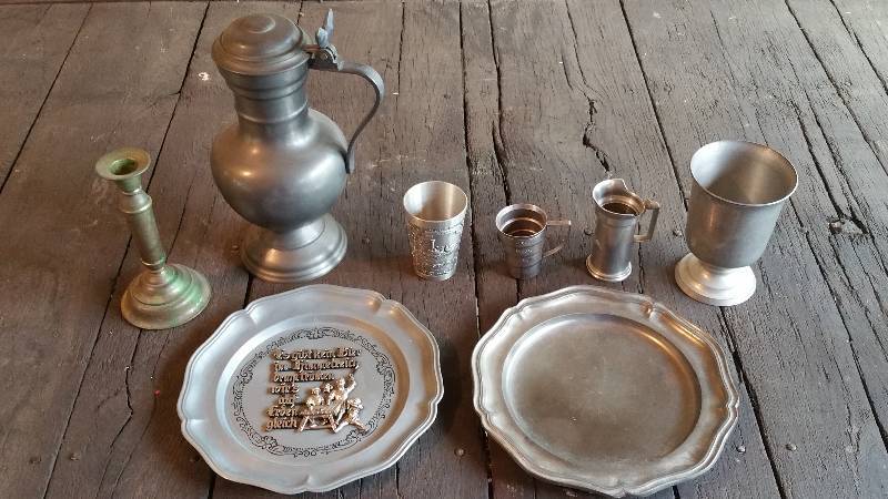 lot 129 image: Group of Old Pewter Serving Items  Brass