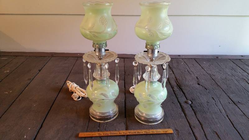 lot 141 image: Beautiful Green & Crystal Prism Matching Lamps