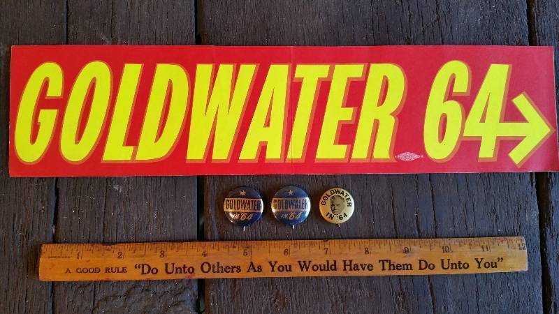 lot 187 image: Unused 1964 Goldwater Bumper Sticker and (3) Political Pins