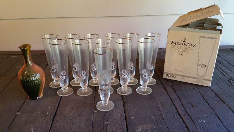 lot 209 image: Premium Warsteiner Beer Glasses  Old Blue Ribbon Decanter