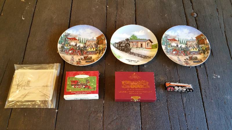 lot 324 image: Railroad Collectors Plates, Hallmark Train Ornaments, Railroad Stationary
