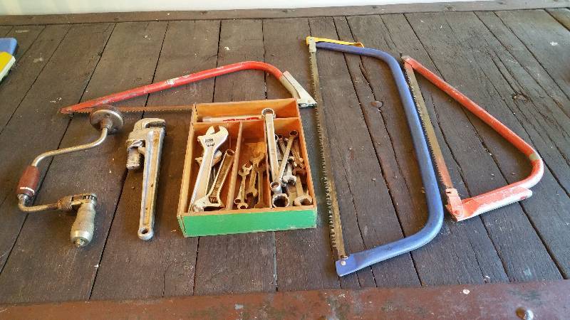 lot 336 image: Vintage Hand Drill, Saws, Aluminum Wrench, Wrenches