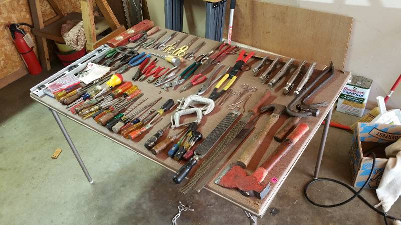 lot 337 image: Large Group of Vintage Tools, Clamps, Hatchet, Files, Etc.  Folding Table