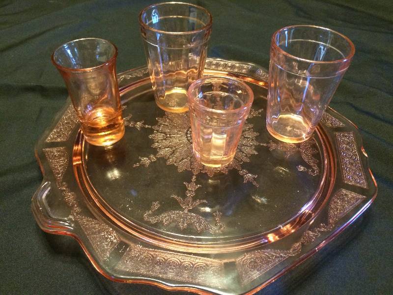 lot 241 image: Pink Depression Cake Plate and Four Glasses
