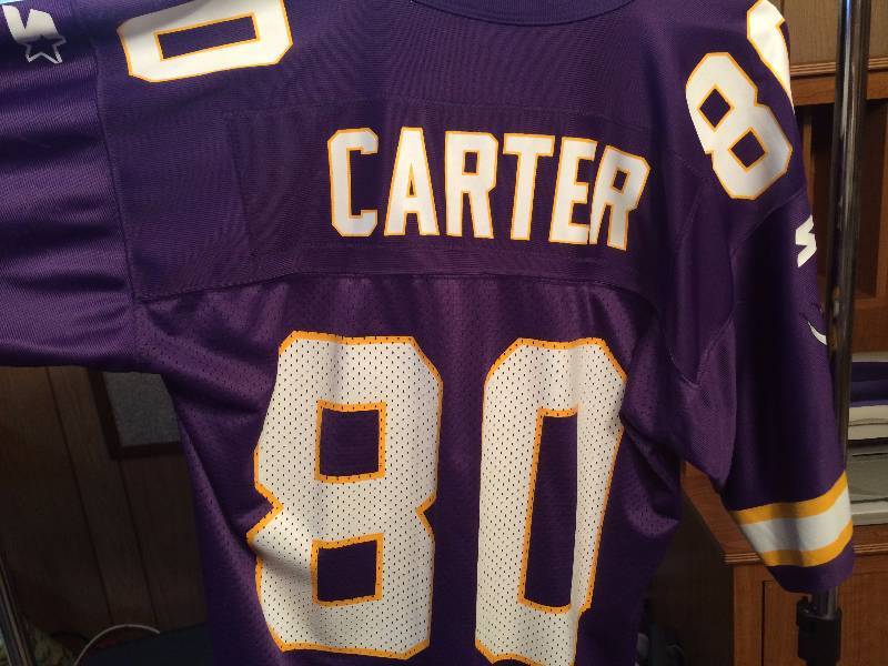 lot 355 image: Starter, Chris Carter #80 Vikings Jersey Size M, & a Twins Hat