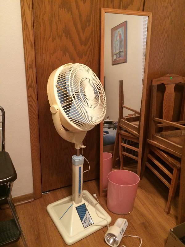 lot 394 image: Working Floor Fan, Full Length Mirror, Plug In Flashlight and a Garbage Can