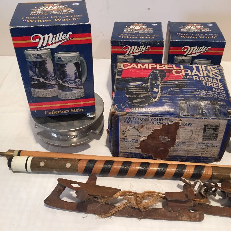 COLLECTOR MUGS, TIRE CHAINS, POOL CUE AND VINTAGE ICE SKATES