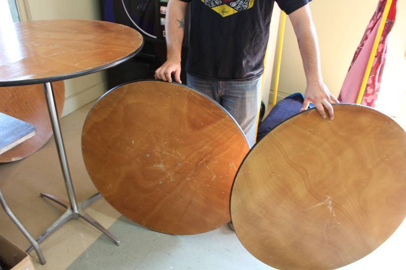lot 42 image: Lot of (3) Circular Wooden Table Tops wMetal Bases 36 x 36 x 42.