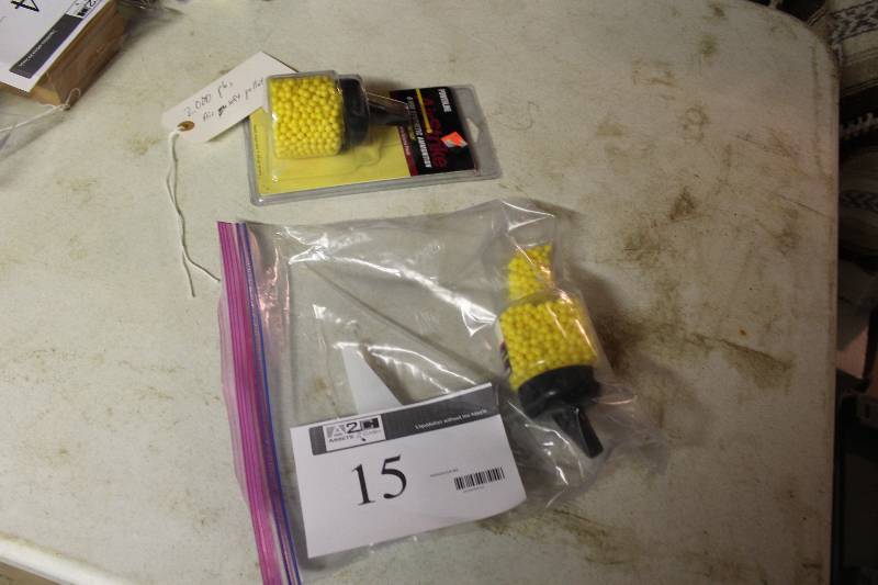 lot 15 image: Lot of (2) Including Bag of 2000 ct. Air Soft Pellets Box of Air Soft Pellets wDispenser Bottle.